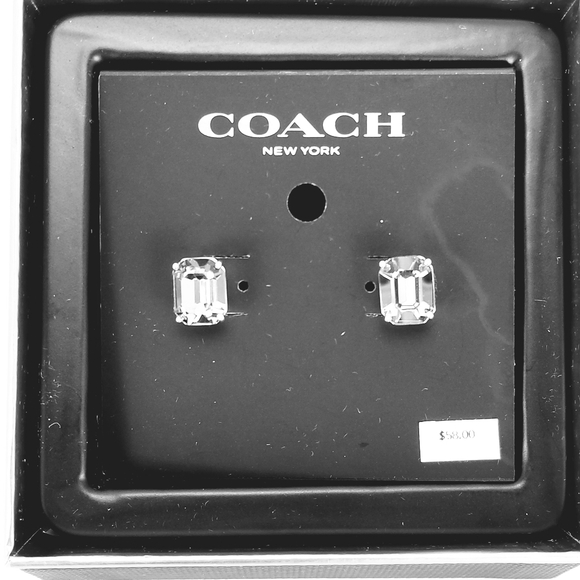 Coach Jewelry - COACH Emerald Cut Stud Earrings Clear Gray Silver
